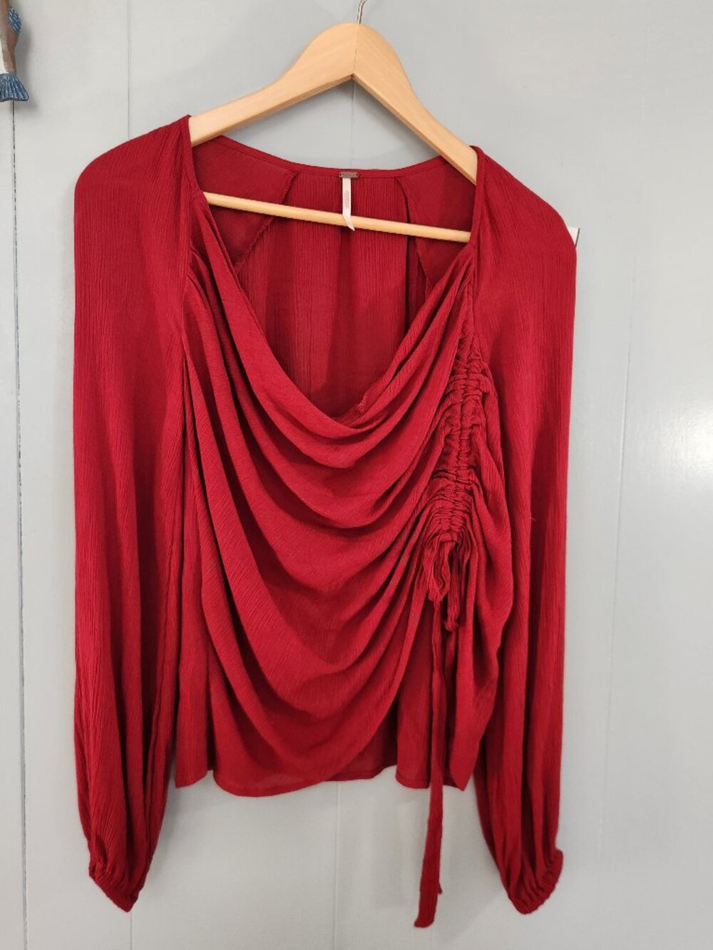 Free People burgundy sheer side ruched long sleeve blouse top shirt